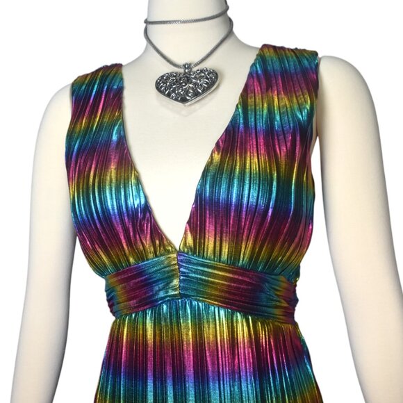 Wow Couture Metallic Rainbow Stripe Maxi Plisee Dress New S - Picture 3 of 8